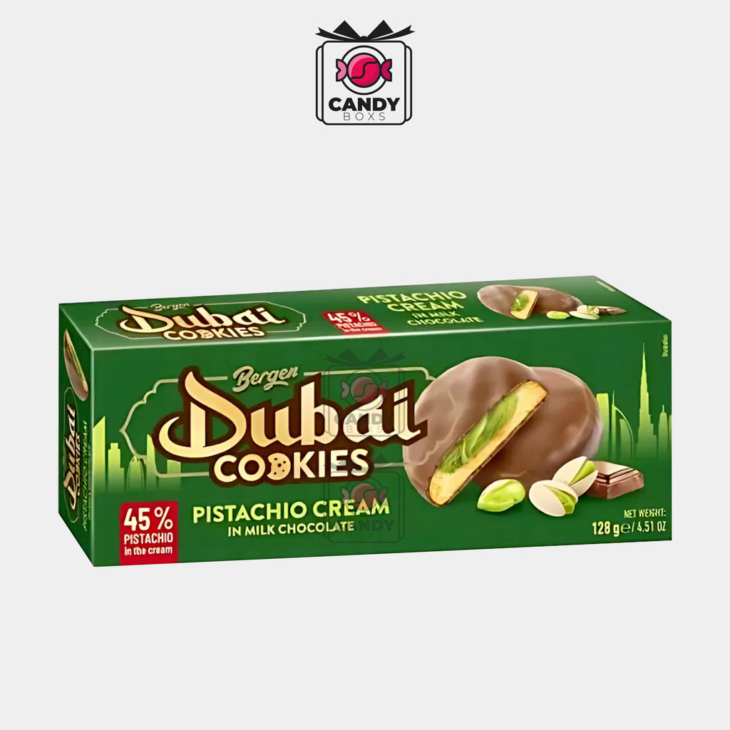 BERGEN DUBAI COOKIES PISTACHIO CREAM IN MILK CHOCOLATE 128G - CANDY BOXS