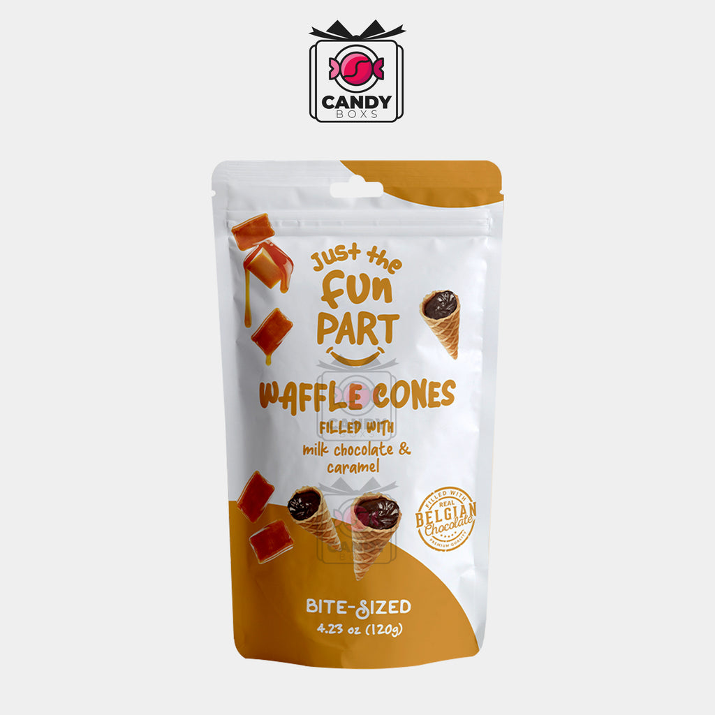 JUST THE FUN PART WAFFLE CONES FILLED WITH MILK CHOCOLATE & CARAMEL 120G - CANDY BOXS