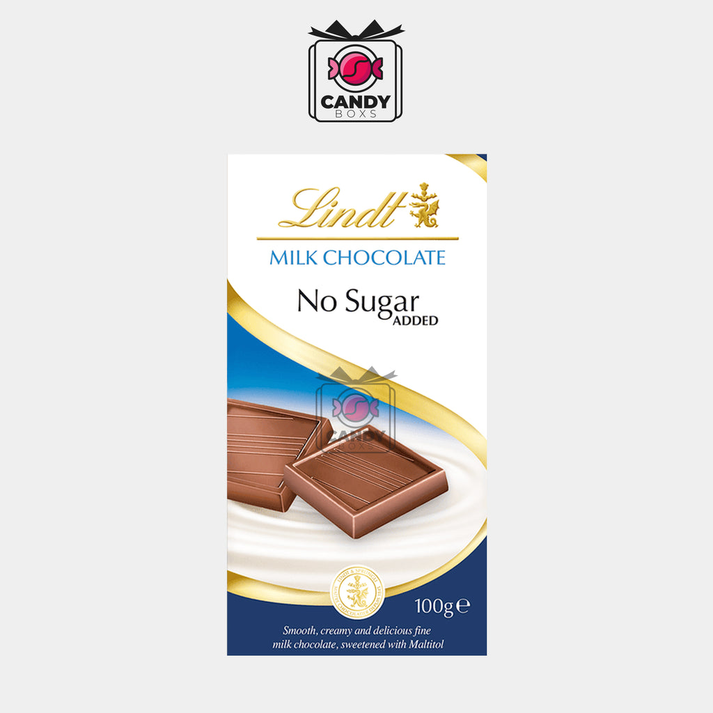 LINDT MILK CHOCOLATE NO ADDED SUGAR BAR 100G - CANDY BOXS