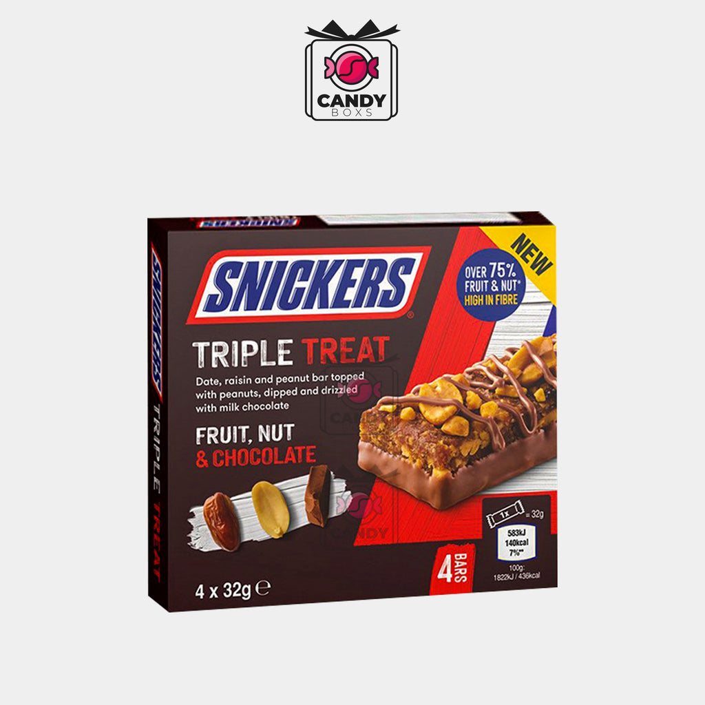 SNICKERS TRIPLE TREAT FRUIT & NUT MILK CHOCOLATE SNACK BARS X4 128G - CANDY BOXS