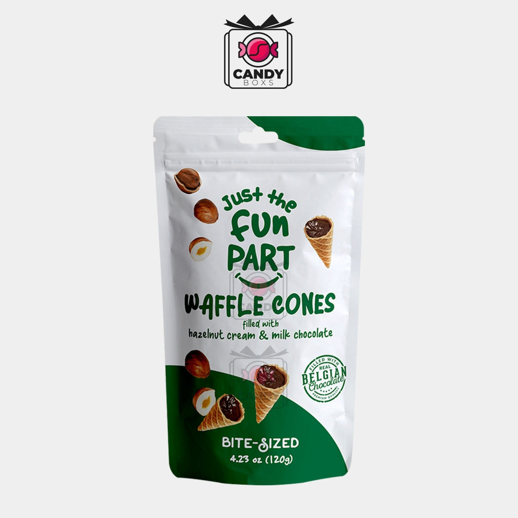 JUST THE FUN PART WAFFLE CONES FILLED WITH HAZELNUT CREAM & MILK CHOCOLATE 120G - CANDY BOXS - Candyboxs