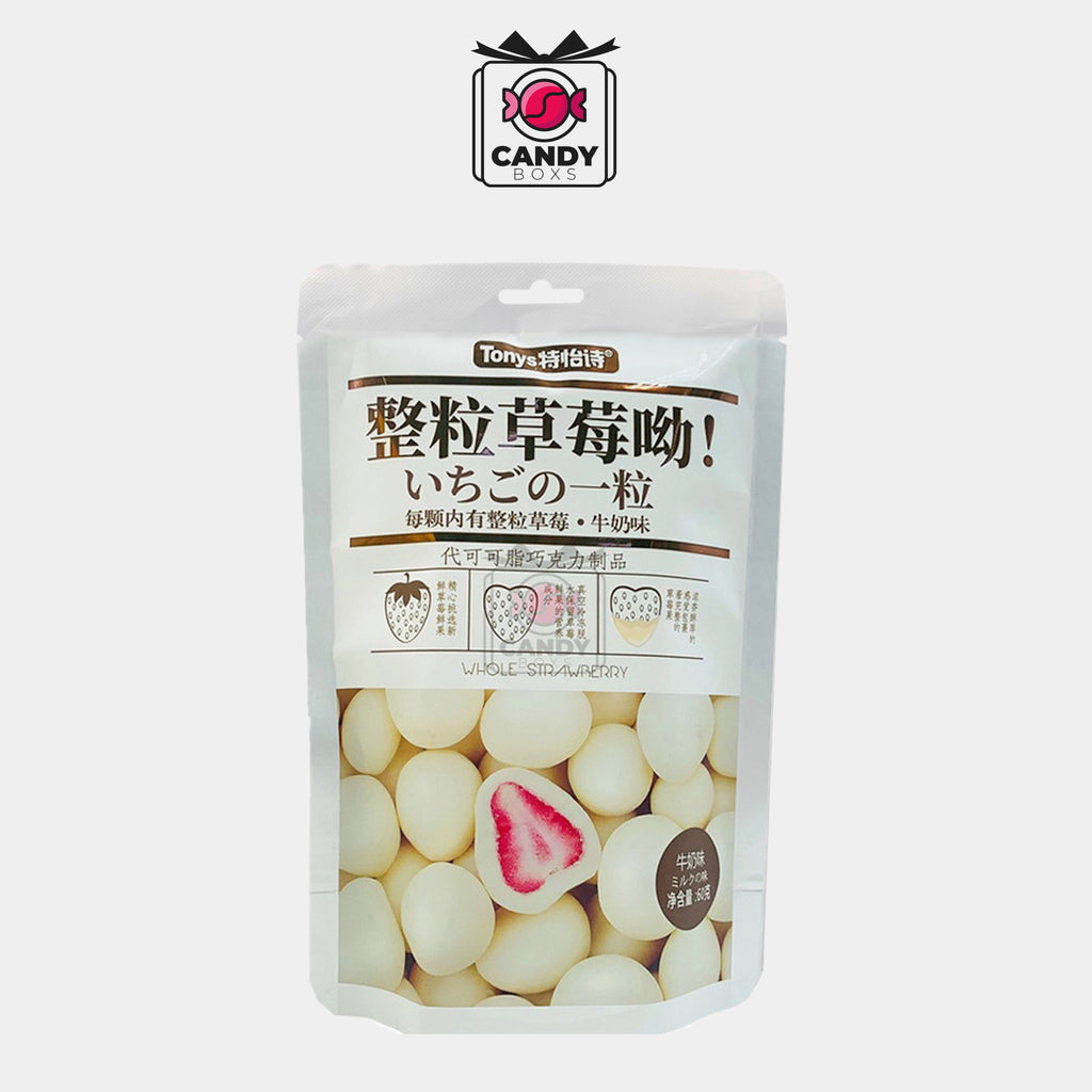 TONYS FREEZE DRIED WHOLE STRAWBERRY IN WHITE CHOCOLATE 60 G - CANDYBOXS